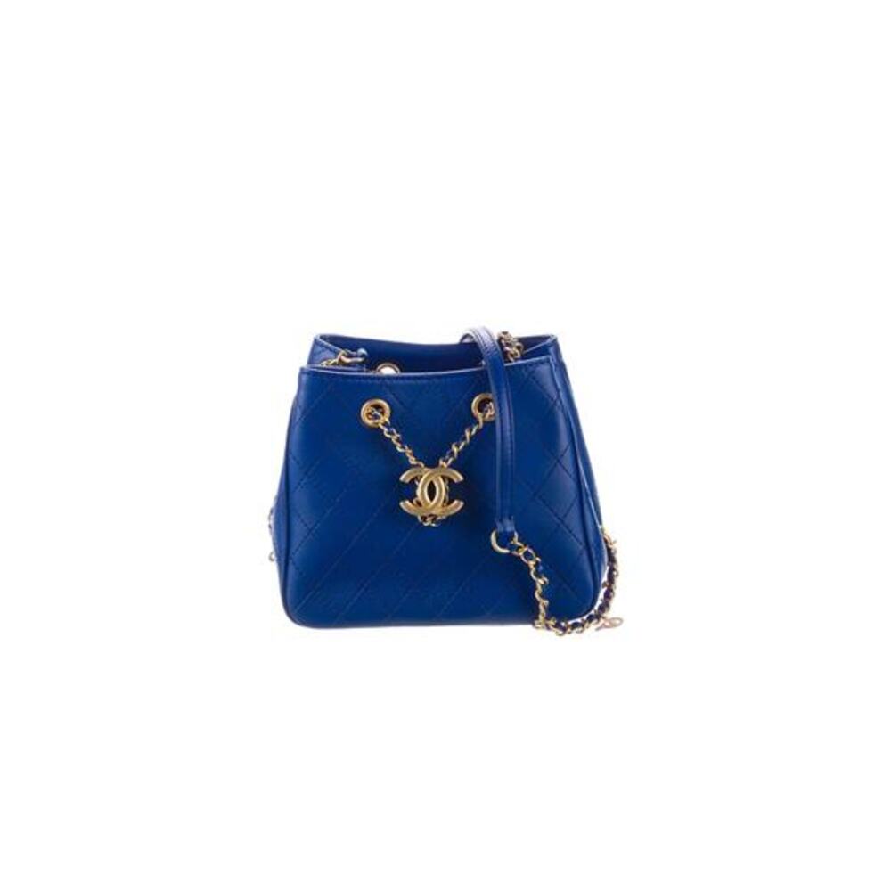 CHANEL 2019 Authentic blue Leather Drawstring Bucket Shoulder Bag